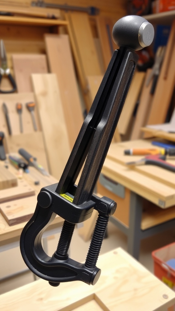 A two-way clamp with adjustable arms and rubberized grip in a woodworking setting.